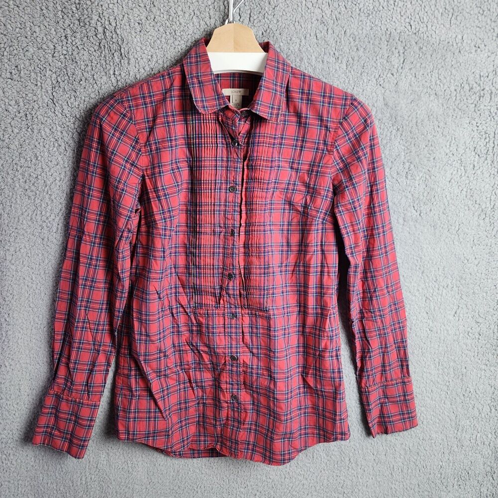 J.Crew Women's Sz 0 Cotton Red Plaid Accordion Pleat Long Sleeve Top Button Up